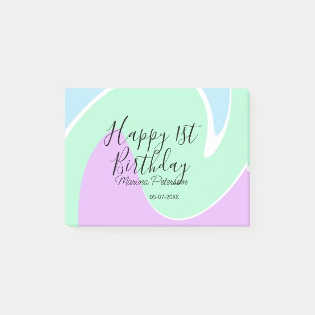 Happy 1st birthday pink green blue acrylic pour  post-it klebezettel (Vorderseite)