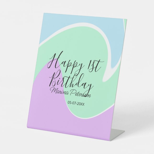 Happy 1st birthday pink green blue acrylic pour  sockelschild (Vorderseite)