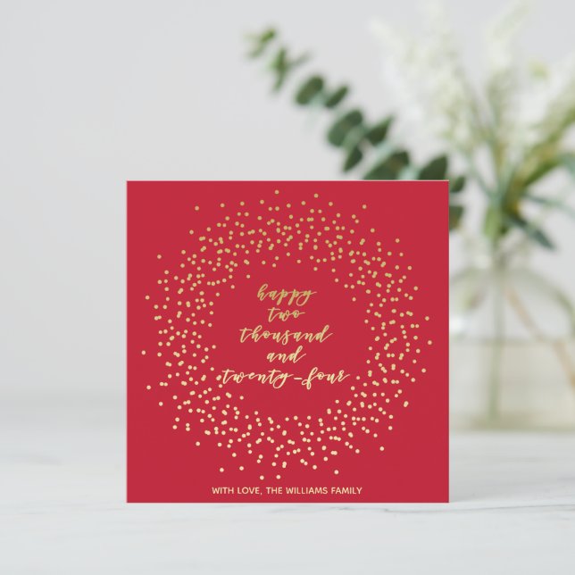 Happy 2024 - Gold Script & Wreath New Year Card (Stehend Vorderseite)