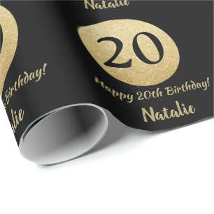 Happy 20. Geburtstag Black and Gold Glitzer Geschenkpapier