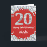 Happy 20. Geburtstagskarte Rot und Silber Glitzer  Karte<br><div class="desc">Glückliche 20. Geburtstagskarte Rot und Silber Glitzer Card mit personalisiertem Namen. Für weitere Anpassungen klicken Sie bitte auf die Schaltfläche "Anpassen" und verwenden Sie unser Designwerkzeug,  um diese Vorlage zu ändern.</div>