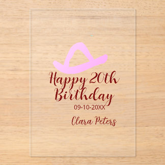 Happy 20th birthday pink cowboy girl name date sim acryleinladungen