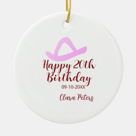 Happy 20th birthday pink cowboy girl name date sim keramik ornament