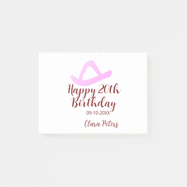 Happy 20th birthday pink cowboy girl name date sim post-it klebezettel (Vorderseite)