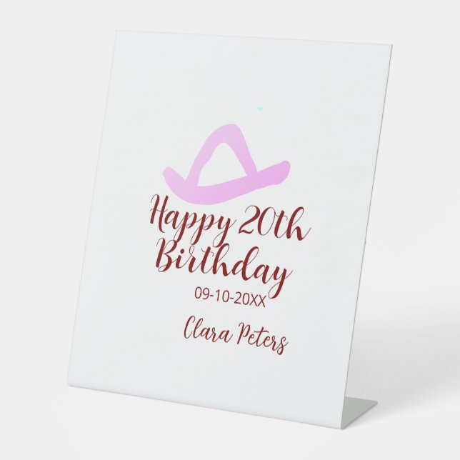 Happy 20th birthday pink cowboy girl name date sim sockelschild (Vorderseite)