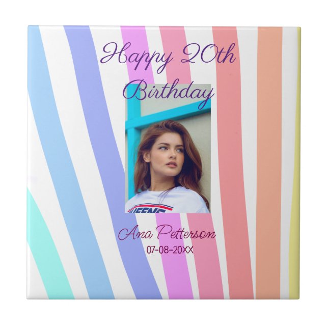 Happy 20th Birthday rainbow rustic boho lines phot Fliese (Vorderseite)