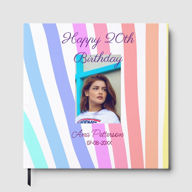Happy 20th Birthday rainbow rustic boho lines phot Gästebuch (Vorderseite)