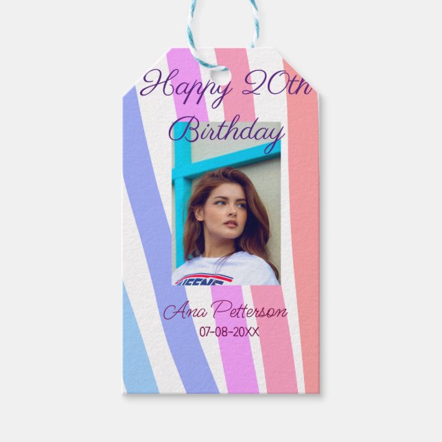 Happy 20th Birthday rainbow rustic boho lines phot Geschenkanhänger (Vorderseite)