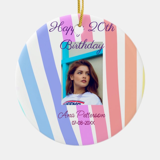 Happy 20th Birthday rainbow rustic boho lines phot Keramik Ornament (Vorne)