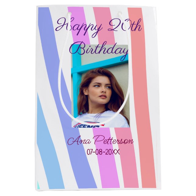 Happy 20th Birthday rainbow rustic boho lines phot Mittlere Geschenktüte (Vorderseite)