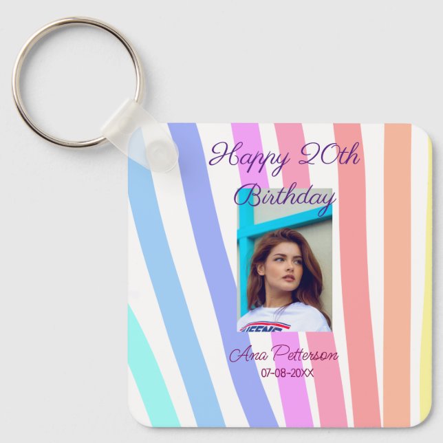 Happy 20th Birthday rainbow rustic boho lines phot Schlüsselanhänger (Vorderseite)