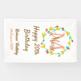 Happy 20th Birthday red add name monogram wreath Banner