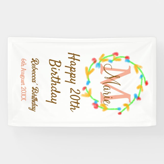 Happy 20th Birthday red add name monogram wreath Banner (Horizontal)