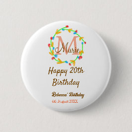 Happy 20th Birthday red add name monogram wreath Button