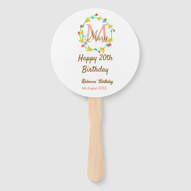 Happy 20th Birthday red add name monogram wreath Fächer (Vorderseite)