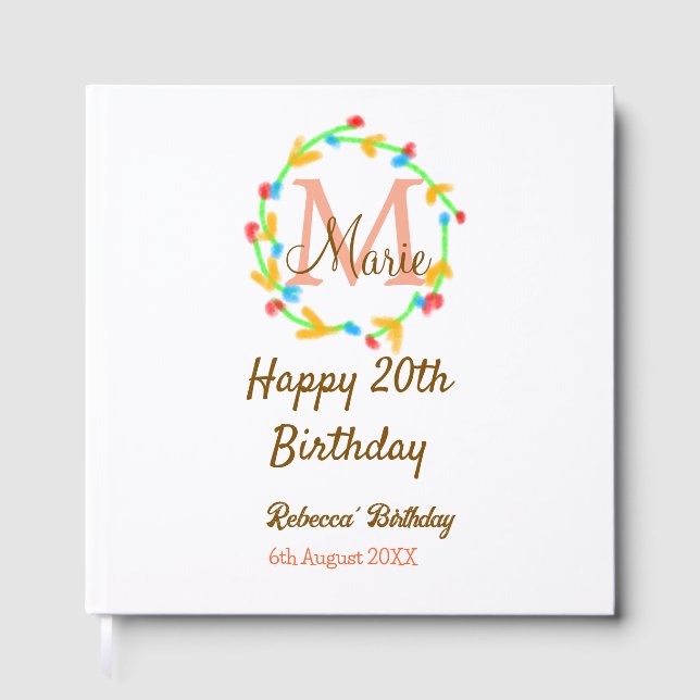 Happy 20th Birthday red add name monogram wreath Gästebuch (Vorderseite)