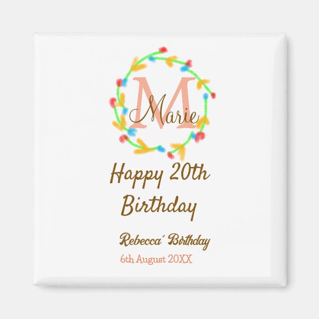 Happy 20th Birthday red add name monogram wreath Magnet (Vorne)