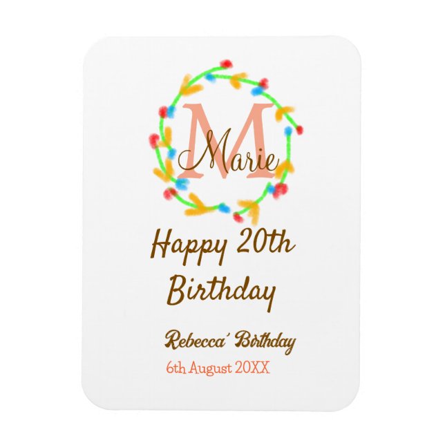 Happy 20th Birthday red add name monogram wreath Magnet (Vertikal)