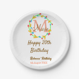 Happy 20th Birthday red add name monogram wreath Pappteller