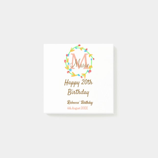 Happy 20th Birthday red add name monogram wreath Post-it Klebezettel (Vorderseite)