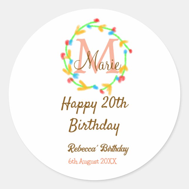 Happy 20th Birthday red add name monogram wreath Runder Aufkleber (Vorderseite)