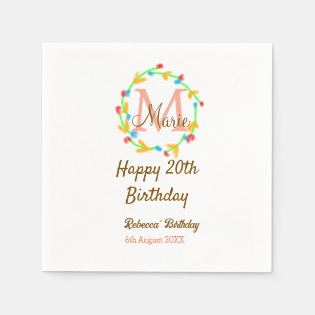 Happy 20th Birthday red add name monogram wreath Serviette (Vorderseite)