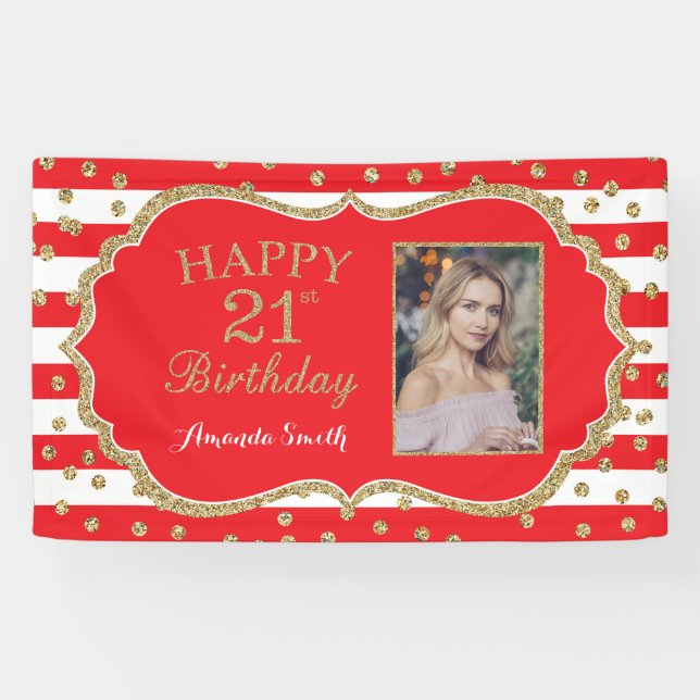 Happy 21. Geburtstag Banner Red Gold Glitzer Foto (Horizontal)