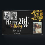 Happy 21. Geburtstag Gold Foliage 3 Foto Hintergru Banner<br><div class="desc">Alles Gute zum 21. Geburtstag Gold Foliage 3 Foto Backdrop Banner. Feiern Sie mit diesem eleganten Black & Gold 21. Geburtstagsbanner einen Meilenstein in der Mode. Dieses Design mit einem raffinierten schwarzen Hintergrund und luxuriösem goldgelbem Blattwerk verleiht dieser Touch Klasse. Personalisiert mit drei Fotos, ist dieser Banner der ideale Ort,...</div>
