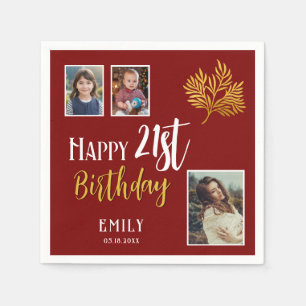 Happy 21. Geburtstag Gold Foliage 3 Foto Party Serviette