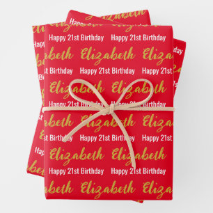 Happy 21. Geburtstag Gold Name Bright Red and Whit Geschenkpapier Set
