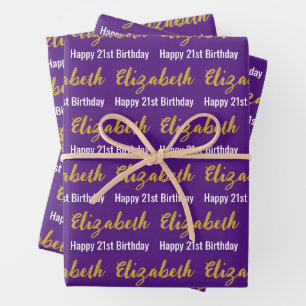 Happy 21. Geburtstag Gold Script Name Lila White Geschenkpapier Set