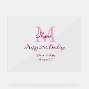 Happy 21. Geburtstag pink hinzufügen Name monogram Acrylschild