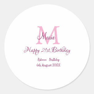 Happy 21. Geburtstag pink hinzufügen Name monogram Runder Aufkleber