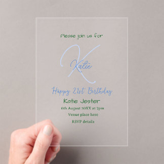 Happy 21st birthday blue add name monogram modern acryleinladungen