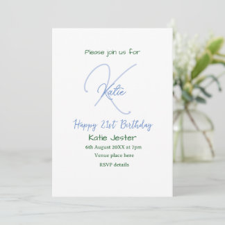 Happy 21st birthday blue add name monogram modern einladung