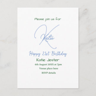 Happy 21st birthday blue add name monogram modern einladungspostkarte