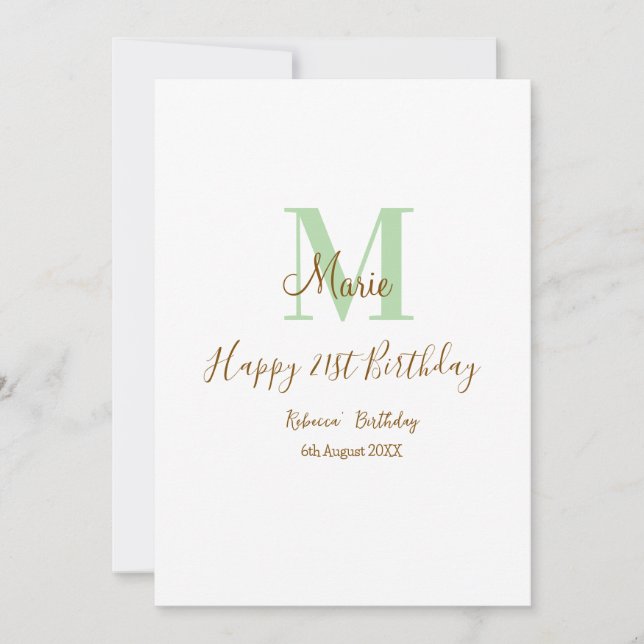 Happy 21st Birthday green add name monogram brown  Einladung (Vorderseite)