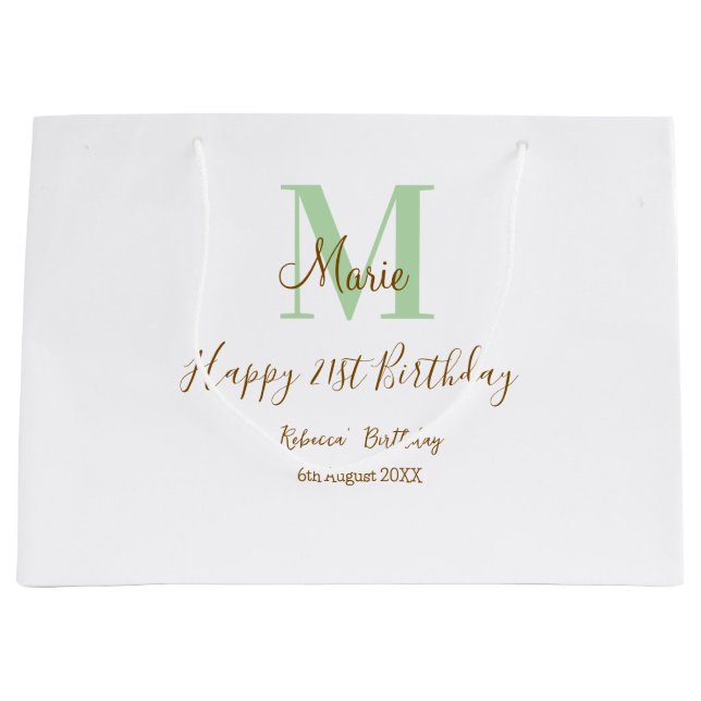 Happy 21st Birthday green add name monogram brown  Große Geschenktüte (Vorderseite)