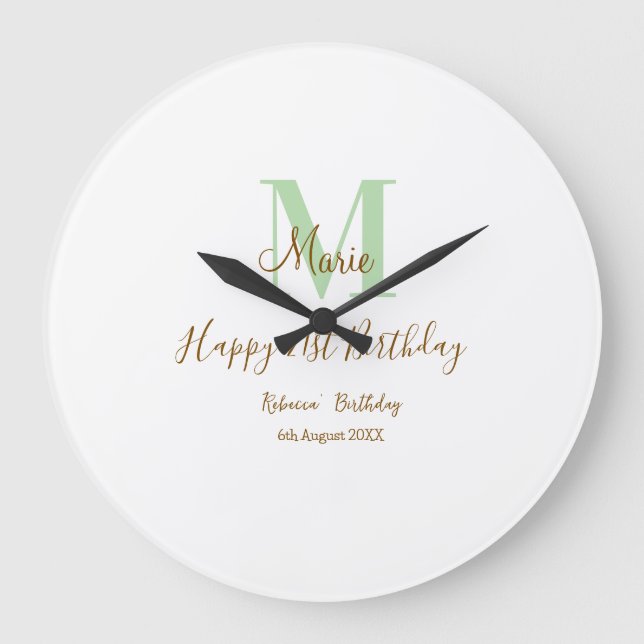 Happy 21st Birthday green add name monogram brown  Große Wanduhr (Vorderseite)