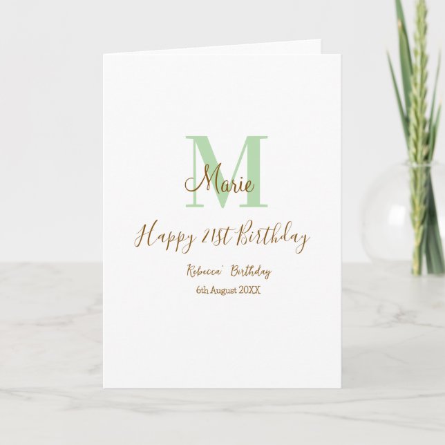 Happy 21st Birthday green add name monogram brown  Karte (Vorderseite)