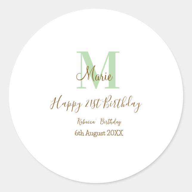 Happy 21st Birthday green add name monogram brown  Runder Aufkleber (Vorderseite)