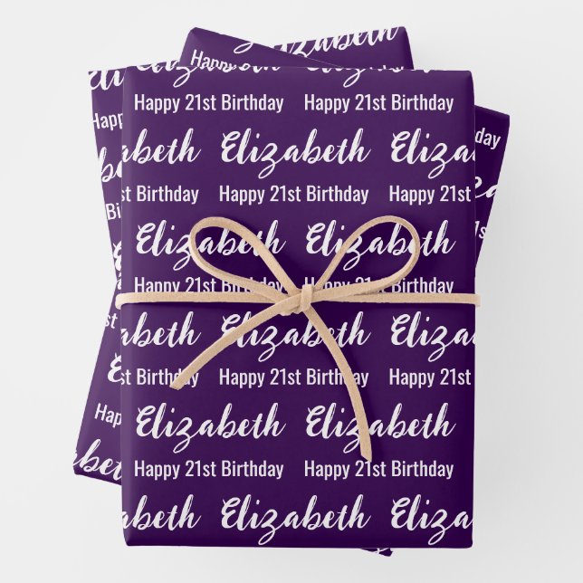 Happy 21st Birthday Script Name Dark Purple White Geschenkpapier Set (Beispiel)