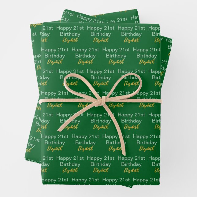 Happy 21st Birthday Script Name Green White Gold Geschenkpapier Set (Beispiel)