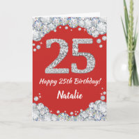 Happy 25. Geburtstagskarte Rot und Silber Glitzer 