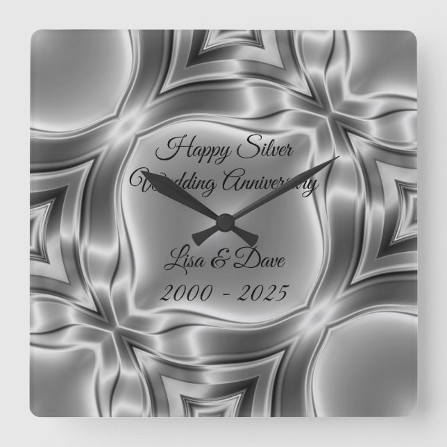 Happy 25. Silver Wedding Jubiläum Quadratische Wanduhr (Vorderseite)