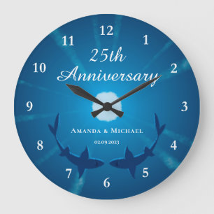 Happy 25. Wedding Anniversary Couple Sharks Moon Große Wanduhr