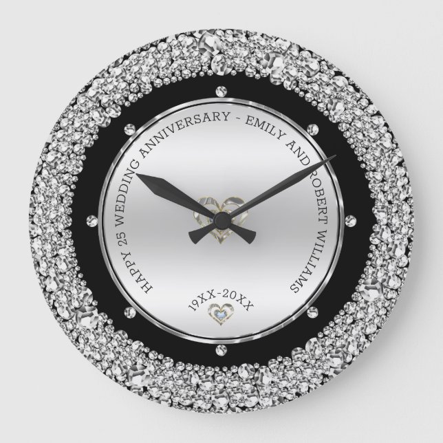 Happy 25th wedding universally diamonds and silver große wanduhr (Vorderseite)