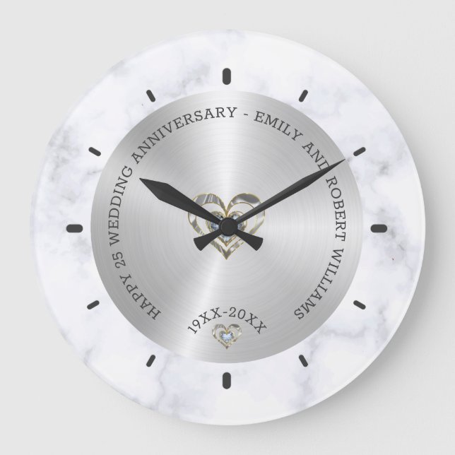 Happy 25th wedding universally marble and silver große wanduhr (Vorderseite)