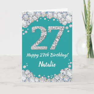 Happy 27. Geburtstag Aquamarine und Silberne Glitz Karte