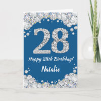 Happy 28. Geburtstag Blue and Silver Glitzer Card